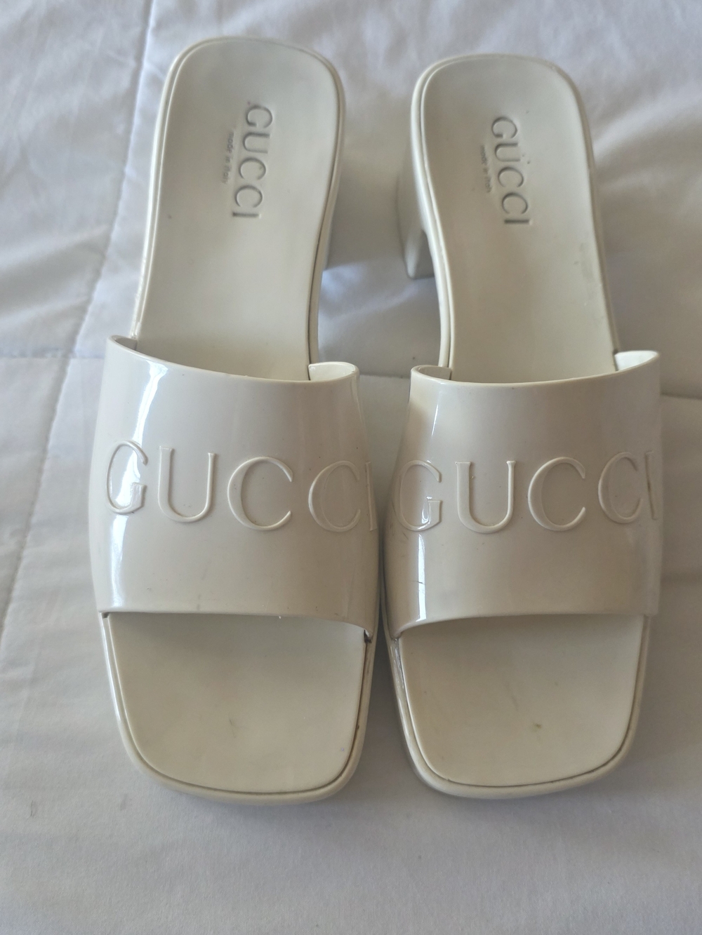 Gucci White Patent Logo Slide Mules